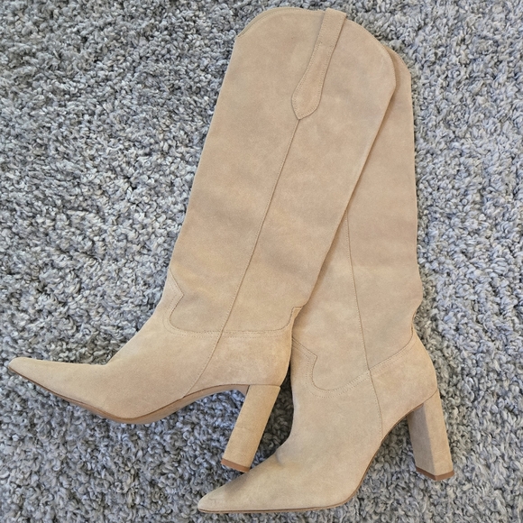 Zara Western Tall Suede Leather Knee-High Women's Cowboy Boots Tan 40 EU/ 9 US - Picture 13 of 15